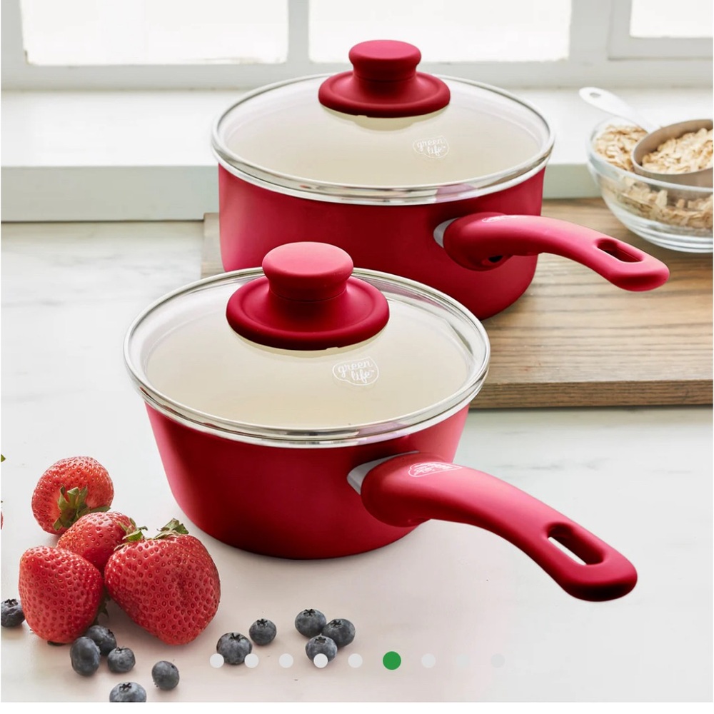 Green Life Small and Medium Red Ceramic lined Saucepan Pots
